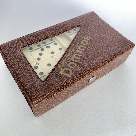 Double Nine TRAVEL SIZE Dominoes Set of 55 Tiles in Faux Snake Skin Vinyl Case - Picture 1 of 6